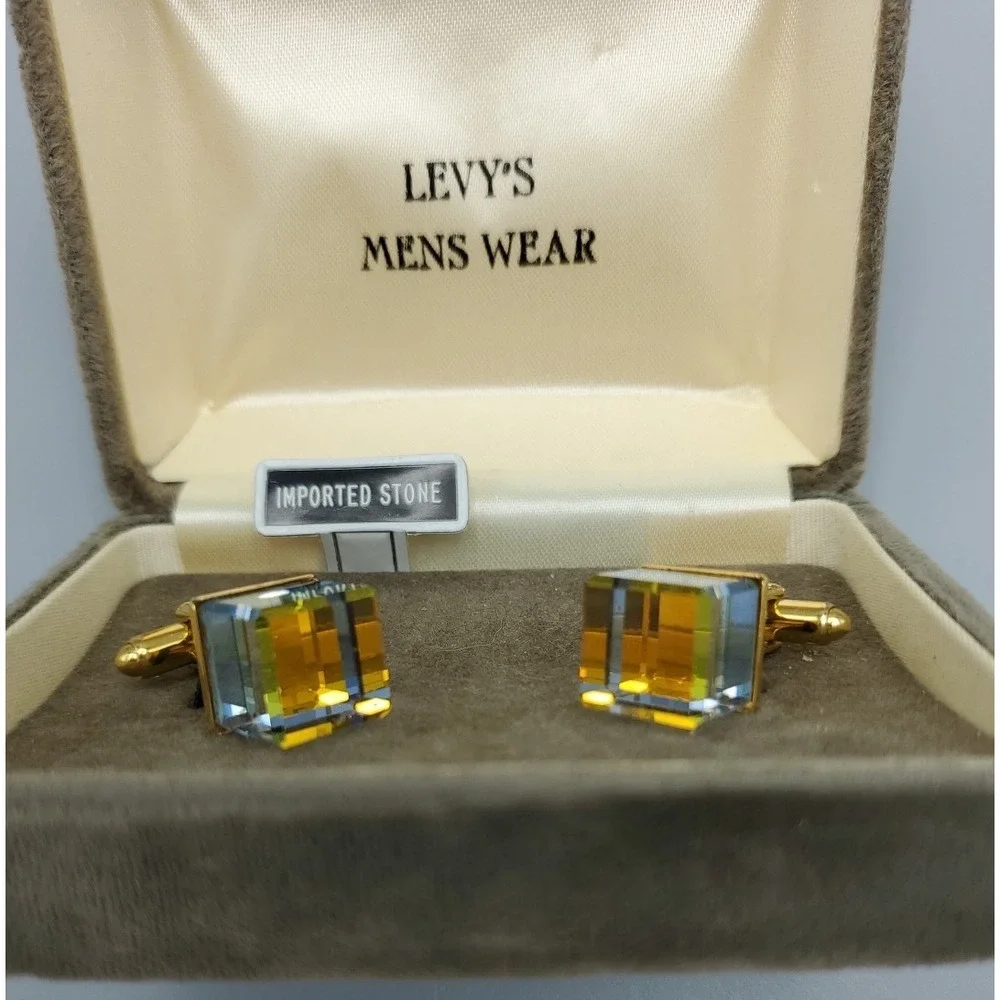 Vtg Cubic Prism Crystal Quartz Goldtone Cufflinks Levy's‎ Mens Wear Original Box